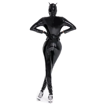 Női Fehérnemű Nedves Nézd lakkbőr Bodystocking Catsuit Cosplay Jelmezek Cipzár Body-val Maszk Szexi Parti Clubwear 3